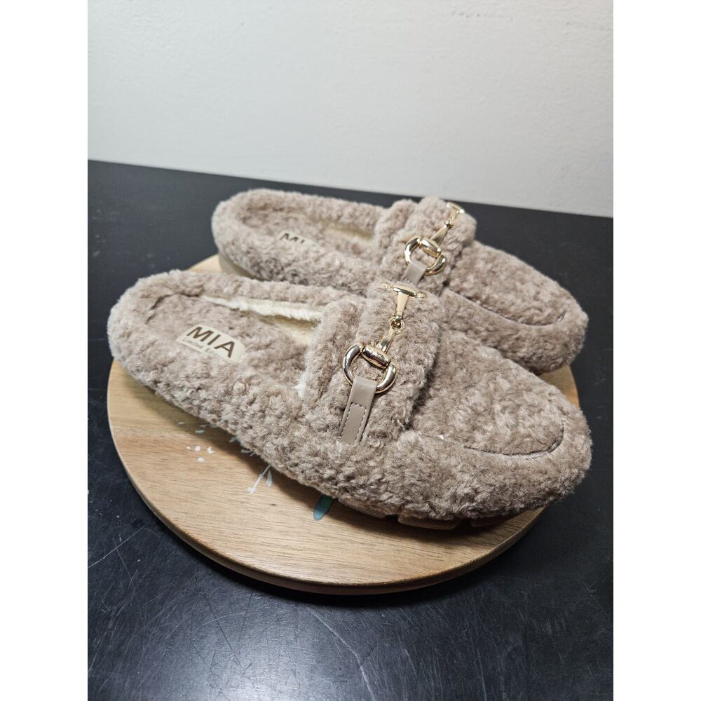 MIA Beige Fuzzy Loafers with Gold Accent